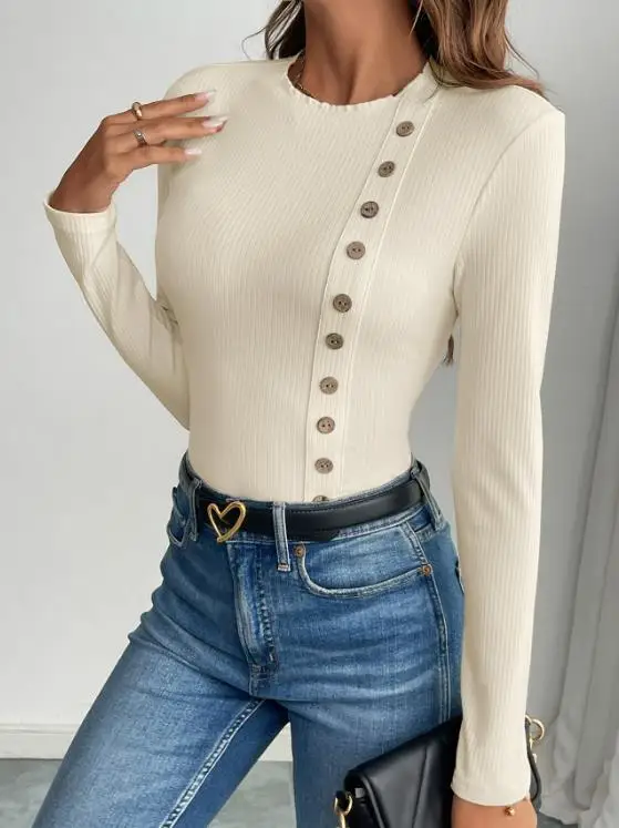 بدلة قفز ضيقة برقبة دائرية ومزخرفة بأزرار وأكمام طويلة للنساء، بذلة بسيطة ومتعددة الاستخدامات #4