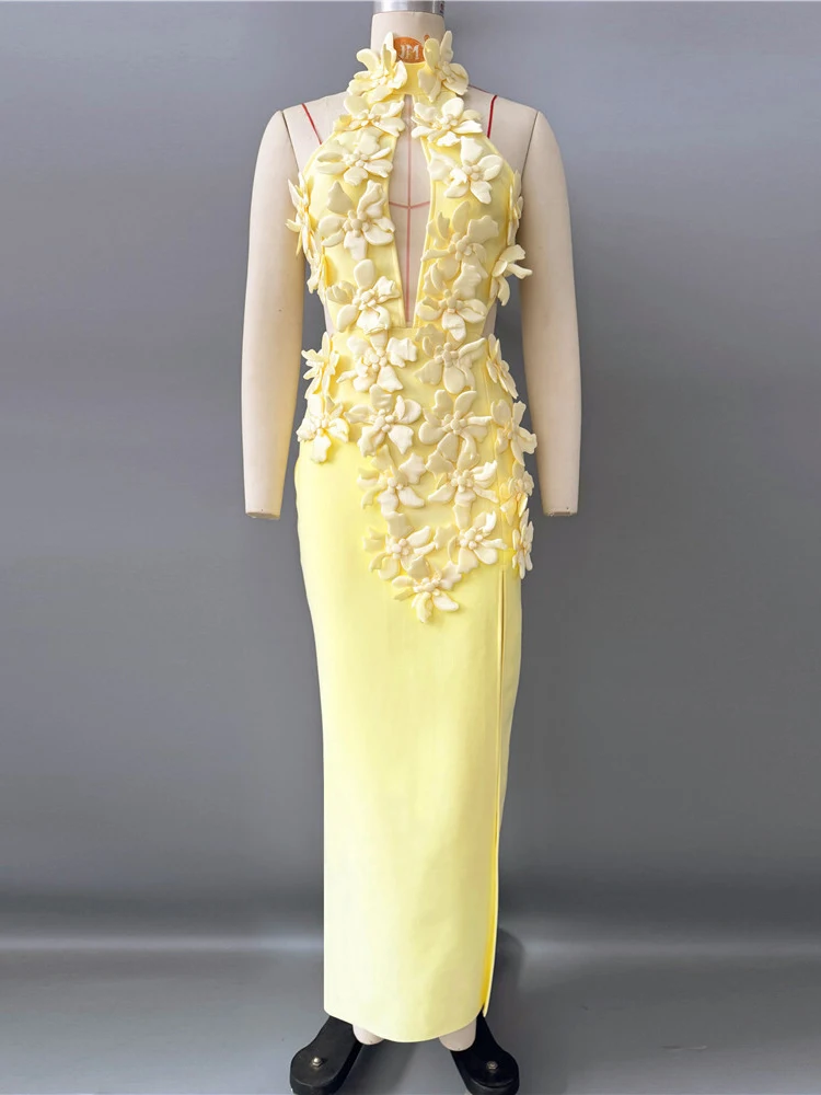 セクシーなイエローのホルターネック、花柄のキーホール付きマキシドレス – エレガントなハイ スリット バンテージガウン、女性用、透かし彫りの誕生日ロングドレス