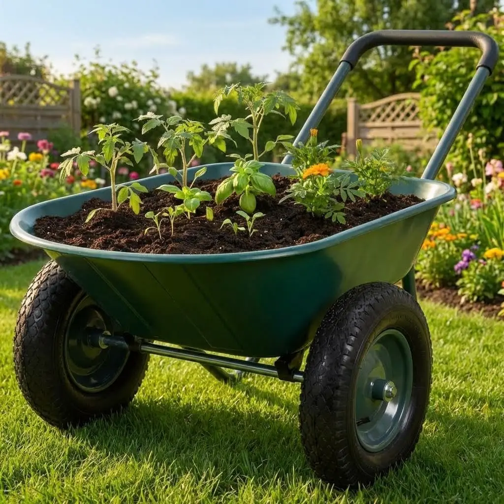 Wózek ogrodowy z kółami do jazdy w terenie, wytrzymały, solidny wózek z plastikowymi kołami, lekki, ergonomiczny wózek ręczny z wygodnym uchwytem, idealny do przenoszenia ziemi, ściółki, żwirku,