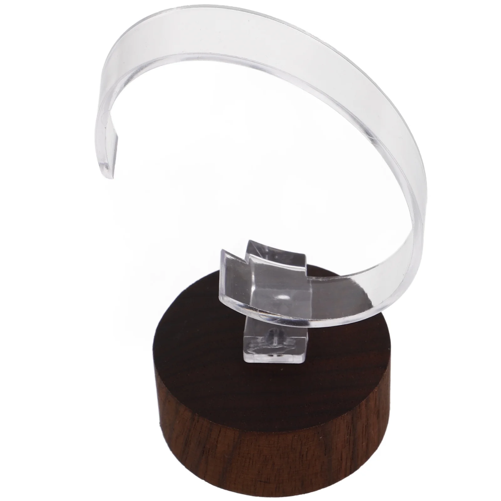

Black Acrylic C Shape Watch Display Stand with Walnut Wood Base for Bracelet Organizer Jewelry Holder Storage Solution