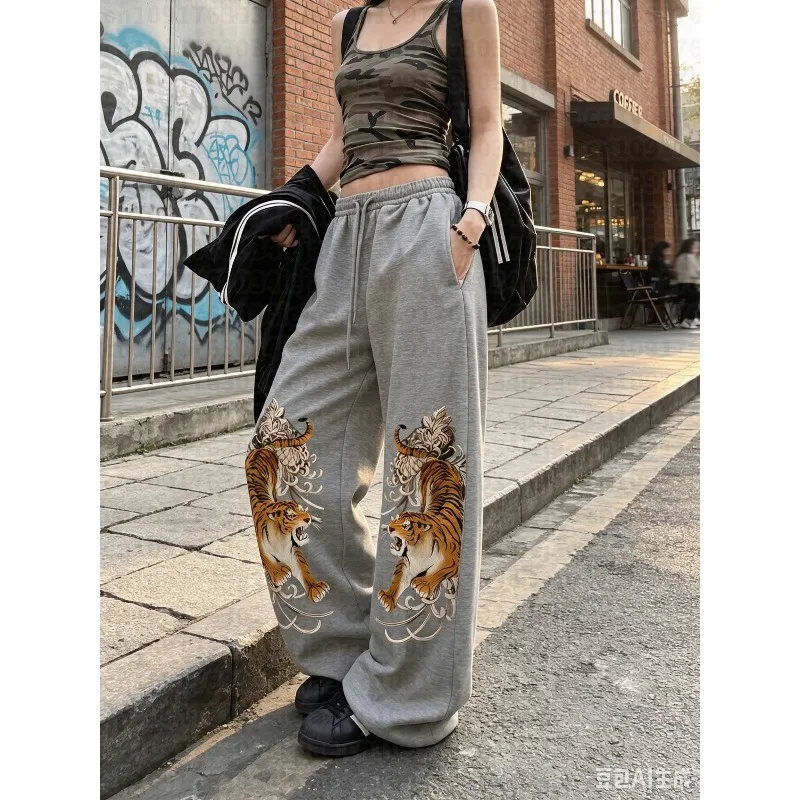 Women's Kid Tiger Totem Print Casual Hip-Hop Street Style Sweatpants, Drawstring Straight-Leg Athletic Long Pants, Sportswear