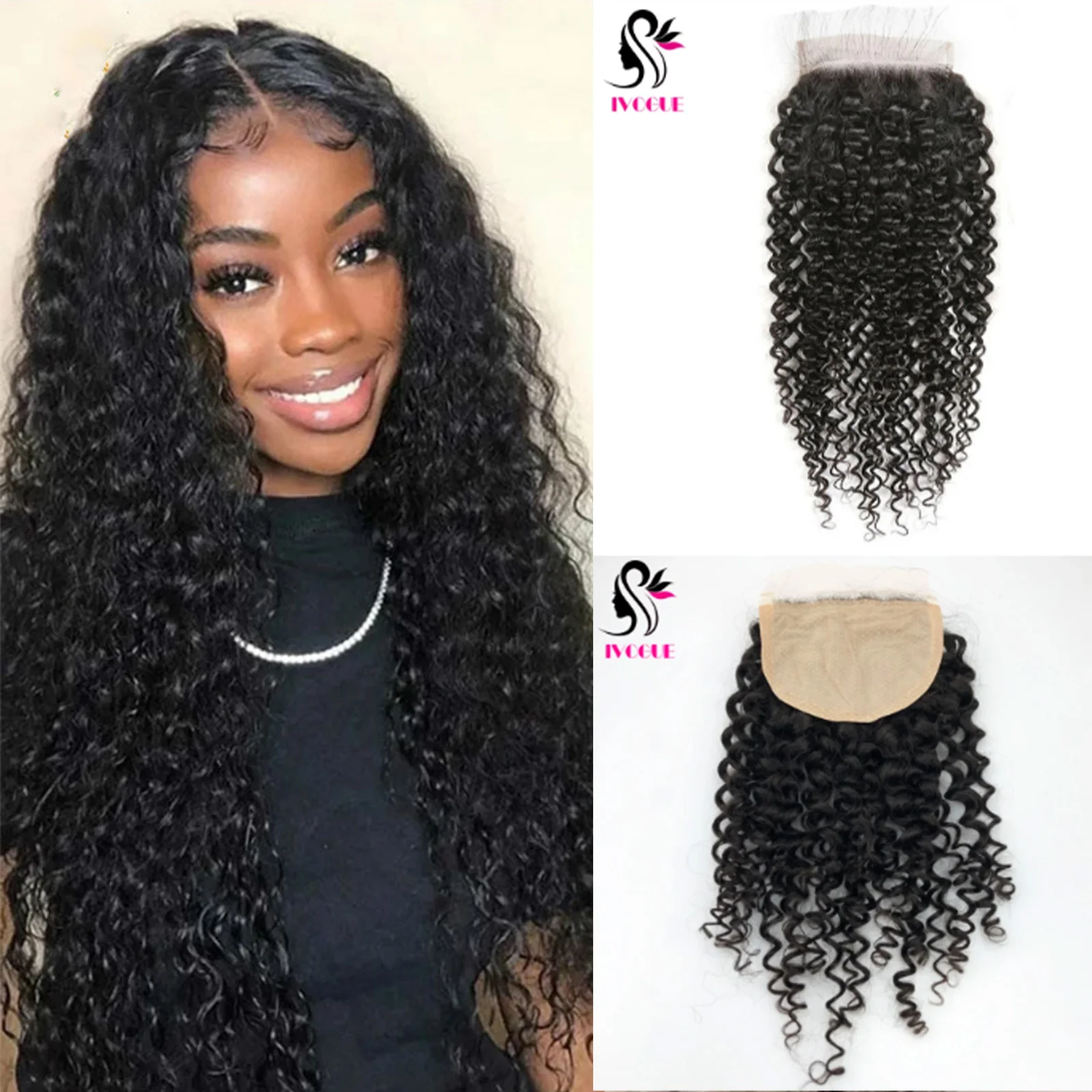 

5*5 Kinky Curly Silk Base Кружевная застежка Человеческие волосы Искусственная кожа головы Шелковая верхняя застежка Наращивание волос Remy с детскими волосами Натуральный черный