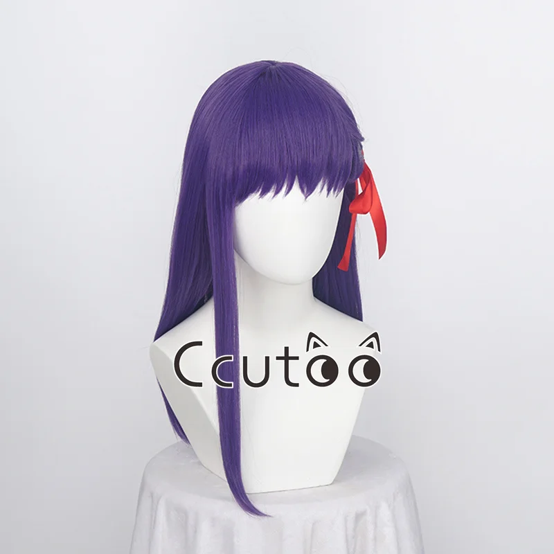 Anime Fate/Stay night Matou Sakura 50cm Half Long Dark Purple Synthetic Hair Cosplay Wig including the red ribbon