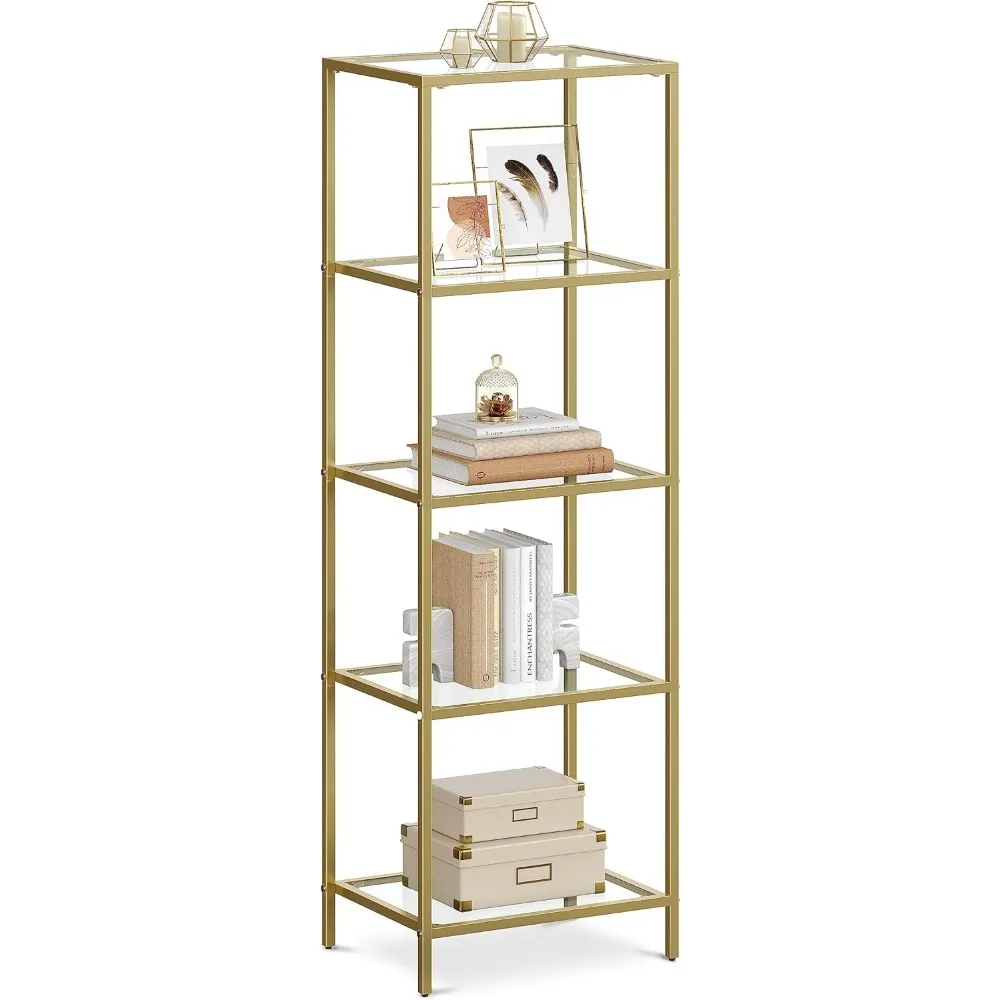 

Bookcase, 5-Tier Bookshelf, Slim Shelving Unit for Bedroom, Bathroom, Home Office, Tempered Glass, Steel Frame, Metallic Gold U