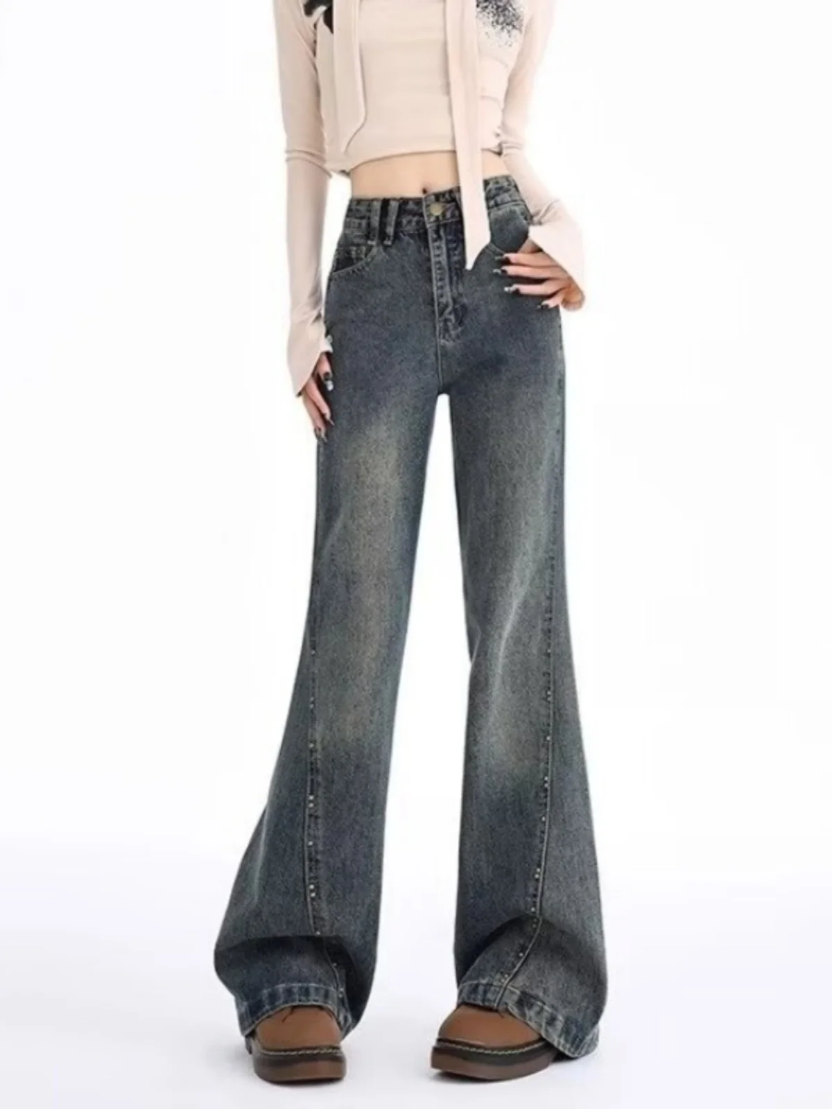 

Расклешенные джинсы в американском стиле ретро, женские свободные джинсы с высокой талией, высокие длинные брюки, весенне-осенние джинсовые широкие брюки длиной до пола