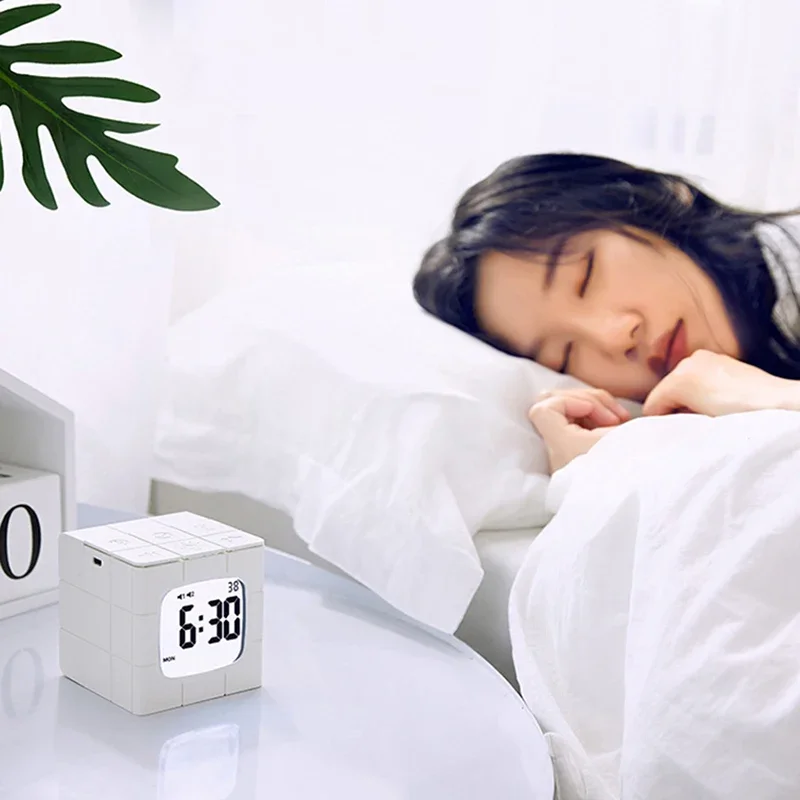 Creative Cube Wake Up Alarm Clock Timer, USB Charging Countdown Table Clock Time Manager, Adjustable Light Snooze Alarm Clocks