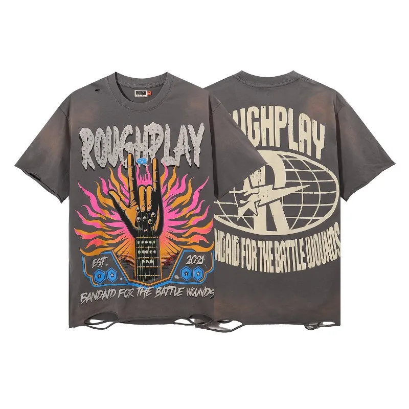 Finger Guitar Print Rough Mens T-shirts Washed Grey Pure Cotton Oversized Short Sleeve Tee