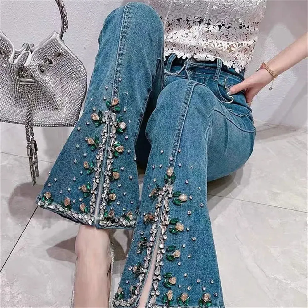 

Flare Jeans For Women 2024 Spring New Korean Style Sweet Denim Pants Heavy Industry Colorful Crystals Slit Bootcut Trousers