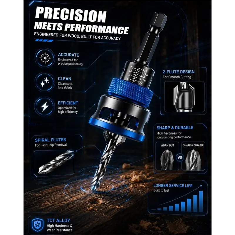 ABRW-TCT Countersink Drill Bit Set(5PCS) With Adjustable Depth Stopper, Pilot Bits For Wood MDF Plastic, 5 Size Options Included