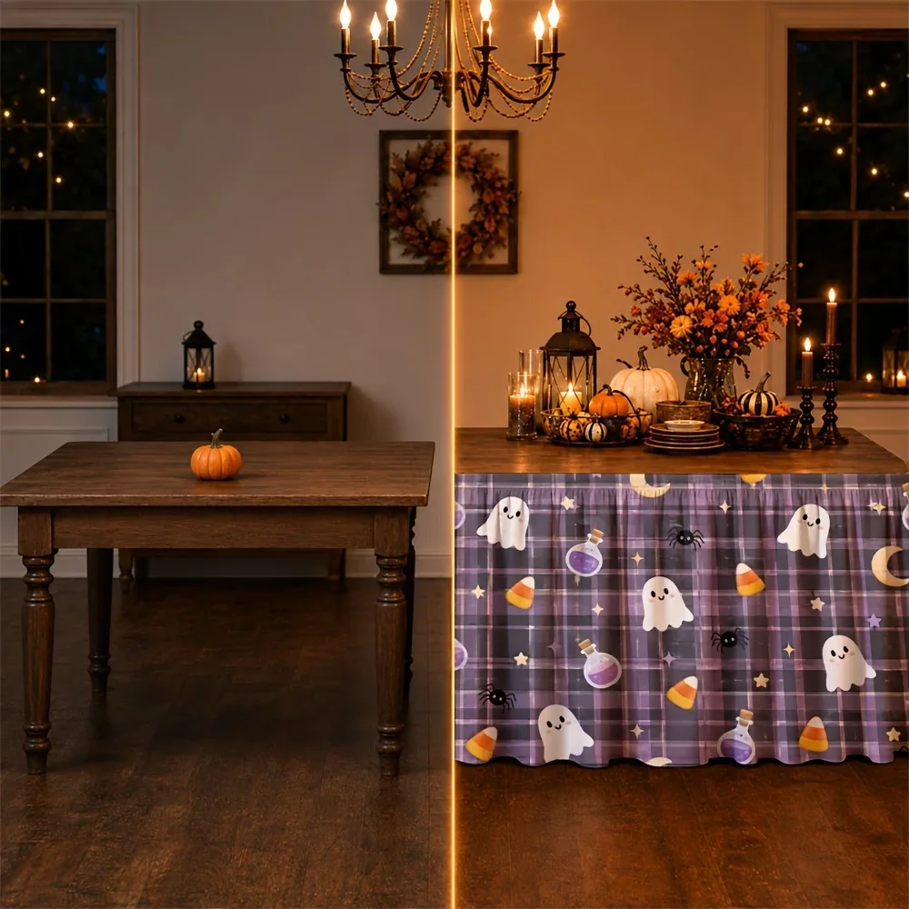 Table skirt / tableskirt - Halloween style - purple check pattern - ghost