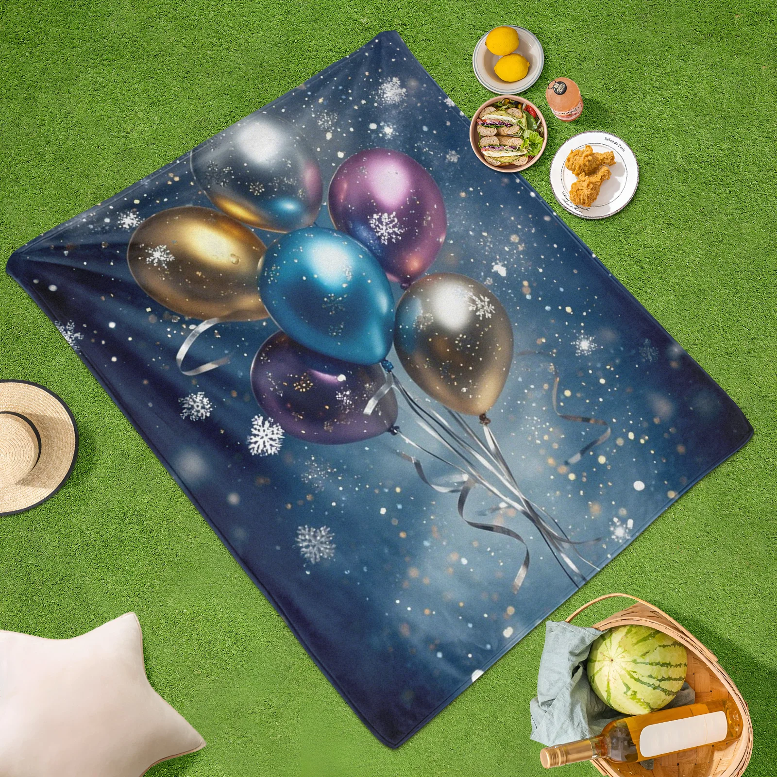 Transparent Balloons With Starry Sky And Snowflake Patterns Creative Design Outdoor Blanket For Winter-Themed Outdoor Adventure