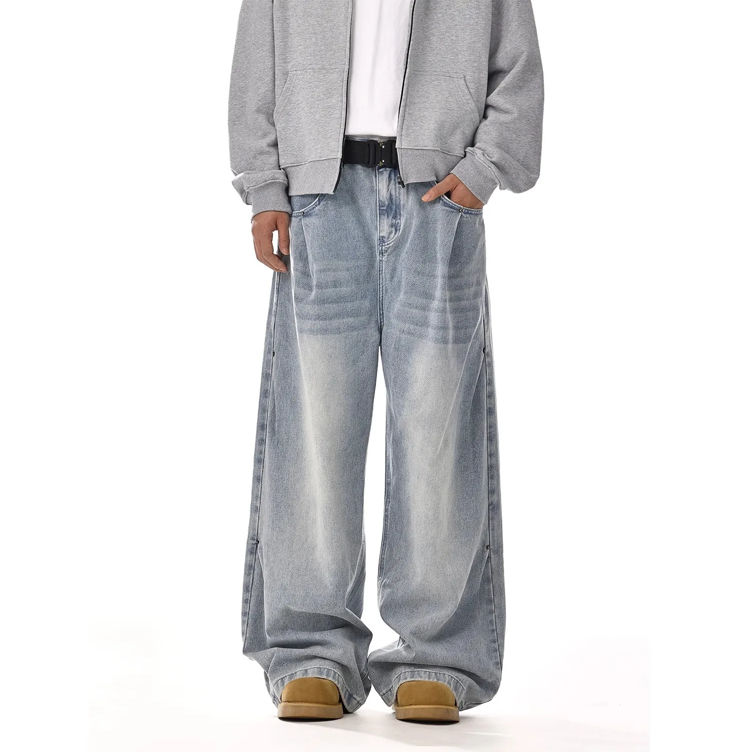 Vintage Light Blue Washed Cleanfit Baggy Jeans For Men Fashion Straight Wide Leg Versatile Denim Pants