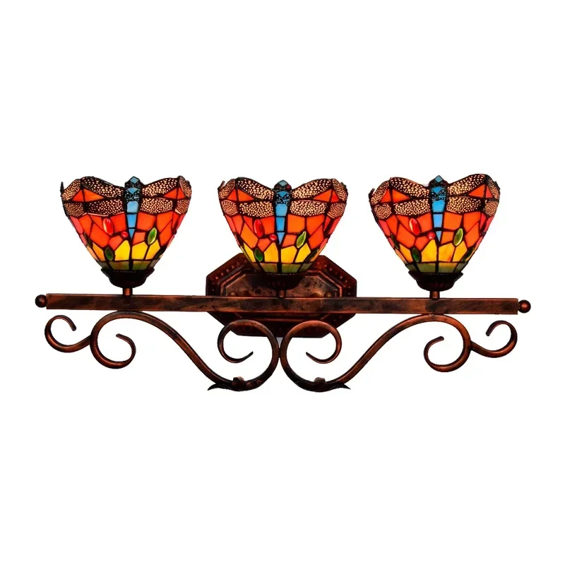 Faros de espejo de baño con vitral de libélula roja Vintage, barra de pasillo americana, tres luces de pared