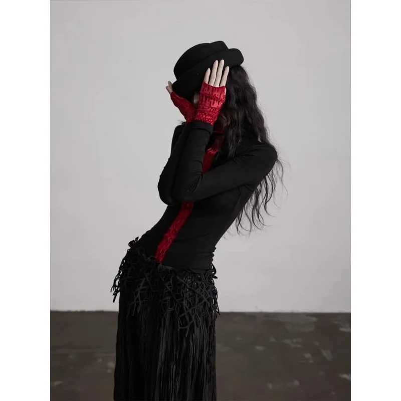 Harajuku Contrast Color Patchwork Tshirts Grunge Knitted Women Bodycon Tops Y2k Aesthetic Half High Collar Vintage Tees