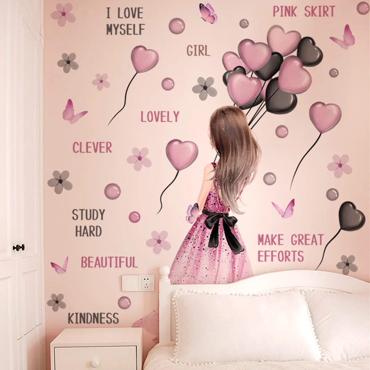 Creative Girl Holding Love Balloon Wall Sticker Removable Self-adhesive PVC Home Decor for Living Room Bedroom