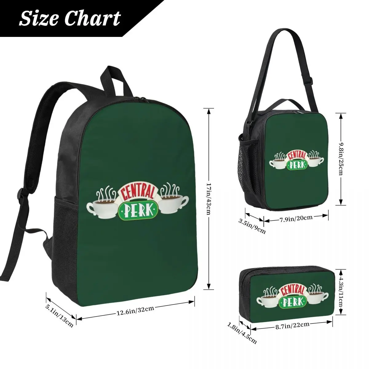 Central Perk Friends TV Show Backpack Student BookBag School Bag Laptop Shoulder Bags 3ps Insulated Lunch Bag Pencil Case