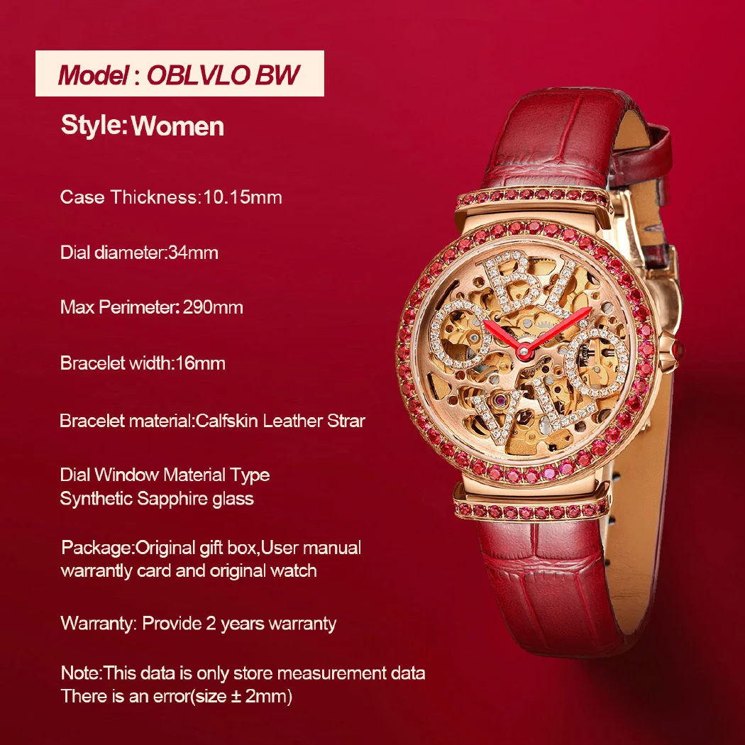 Oblvlo เคสนาฬิกาข้อมือผู้ชายโชว์กลไกสุดหรูสำหรับผู้หญิงสายหนังลูกวัวคริสตัลแซฟไฟร์หน้าปัดกันน้ำขนาด34มม.