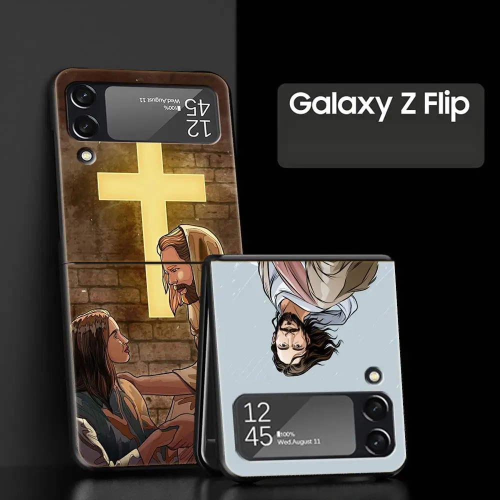 For Samsung Galaxy Z Flip 3 4 5 Hard Black Folding PC Phone Case New Faith Christian Religious Jesus For Samsung Z Flip3 Cover