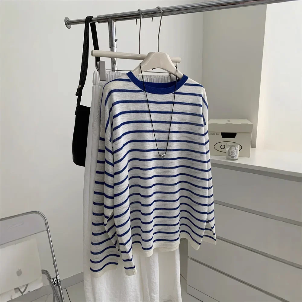

White Blue Striped Ice Linen Knitted Sun Protection Cover For Women, Loose And Casual Korean Style Thin Sleeved Tops