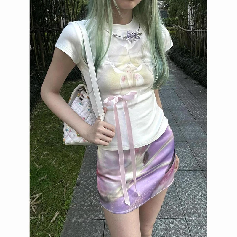 Ästhetische Blume sanfte Kunst Vintage Y2K 90er Jahre Schleife Süßes Mädchen T-Shirt Harajuku Schatz süße lustige Sommer schlanke Dame Tops T-Shirt