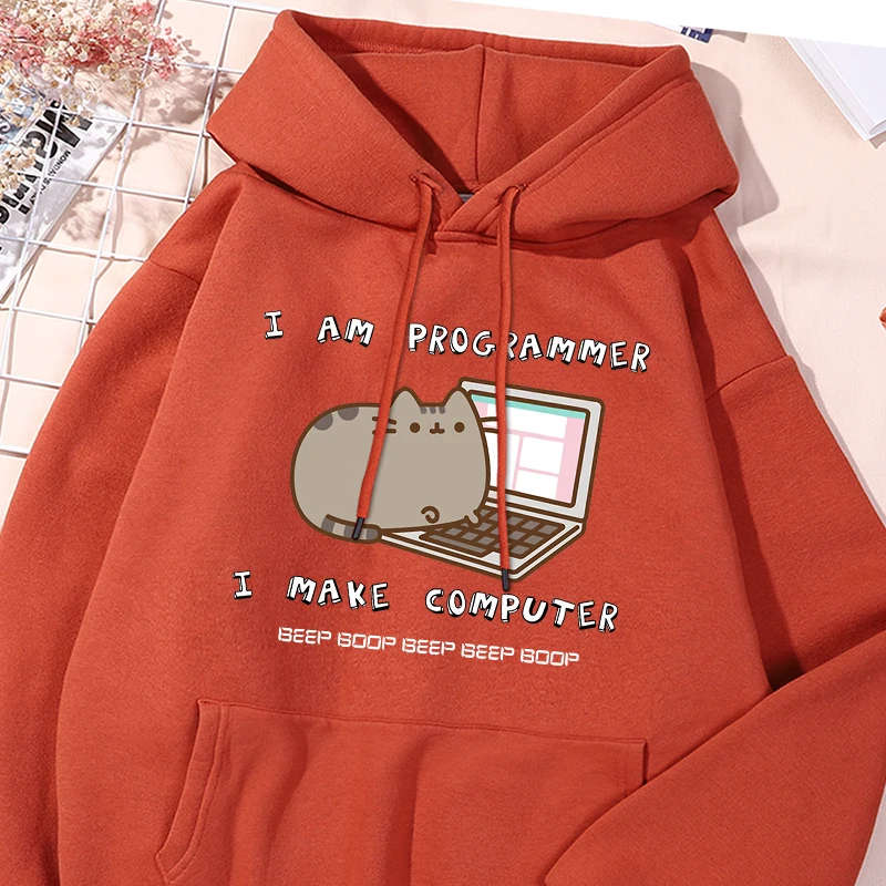 Make Computer Cat Printing Men Sweatshirt Harajuku Casual Sweatshirt Fashion Loose Hoodie Autumn Warm Vintage Fleece Man Top