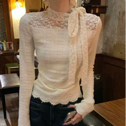 하이 퀄리티 원단 레이스 후크 플라워 티셔츠 여성용, 할로우 아웃 터틀넥 긴팔 상의, 활 타이 스트랩, 이너 티 레이디