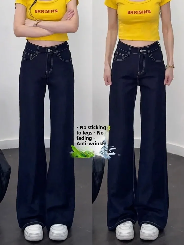 بالإضافة إلى حجم الحرير الأزرق العميق واسعة الساق الجينز المرأة رقيقة الأمريكية كسول Sle Drapey مستقيم قطع بنطلون عارضة عالية الخصر طويلة...