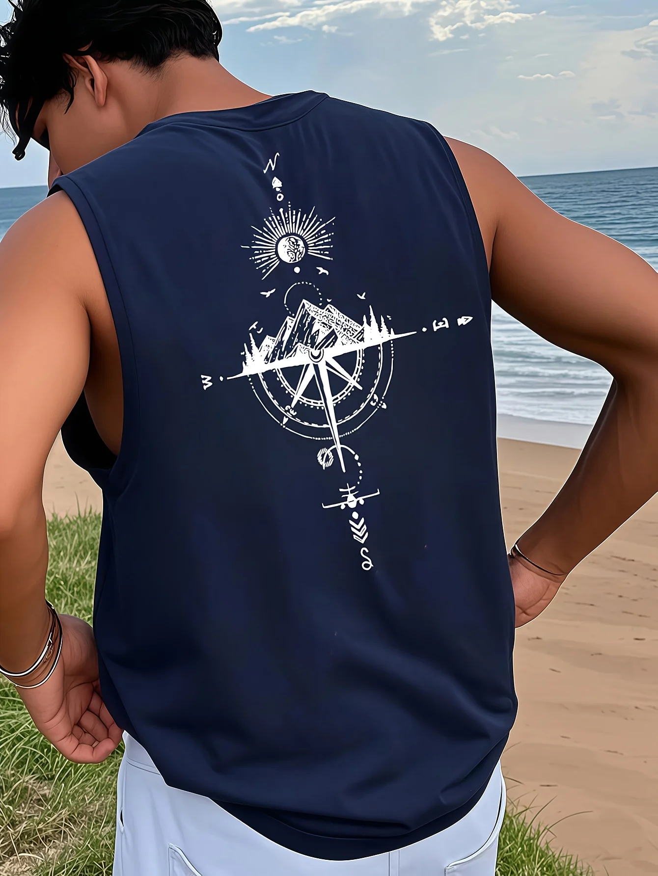 Men's fashionable casual sports loose compass and mountain pattern print comfortable and breathable round neck sleeveless vest image 3