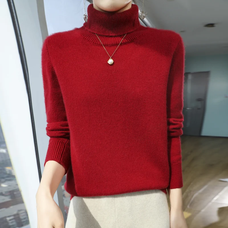 Women's pullover fall winter 100% wool sweater casual knitted sweater high neck loose suit basic turtleneck sweater base