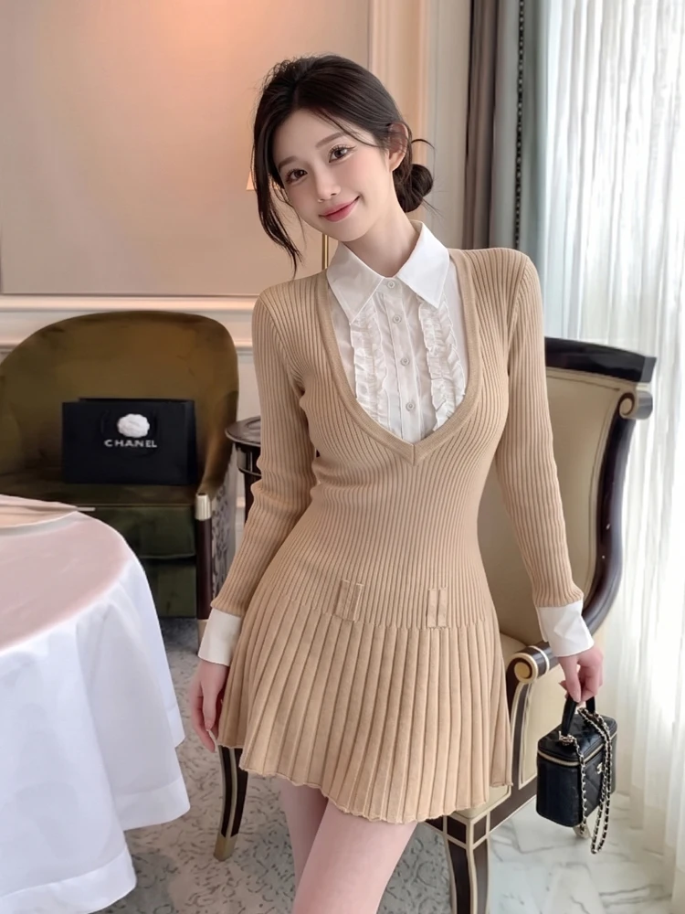 Korean Style Pure Desire Miniature Plaid Shirt Collar Pleated Skirt Sexy Girl Slimming Age Reduction Dress Casual Long Sleeve