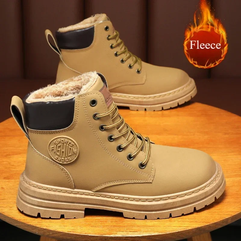 Botas de tornozelo de pele de inverno para homens alta superior sapatos de algodão quente ao ar livre plataforma à prova dwaterproof água botas de