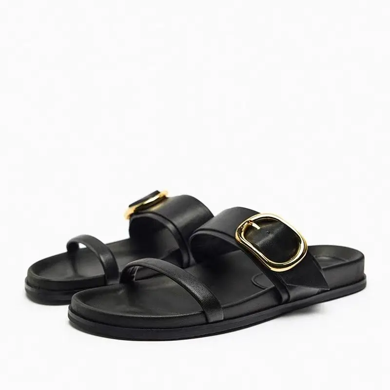 

2025 New Fashion Metal Belt Buckle Thick Bottom Slippers Flat Bottom Sandals for Women