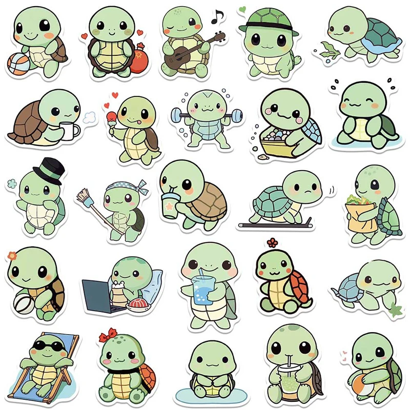 50 PCS Cute Cartoon Animal Stickers Little Turtle Stickers Kids Guitar Fridge Laptop Sticker Student Study Diary Mark Stickers