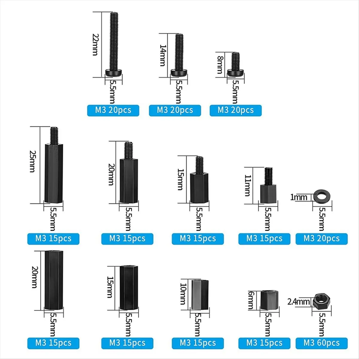 AT16 260 Pcs M3 Male Female Nylon Hex Spacer Standoffs Screws Nuts, Nylon Hex Threaded Pillar Spacer - Black