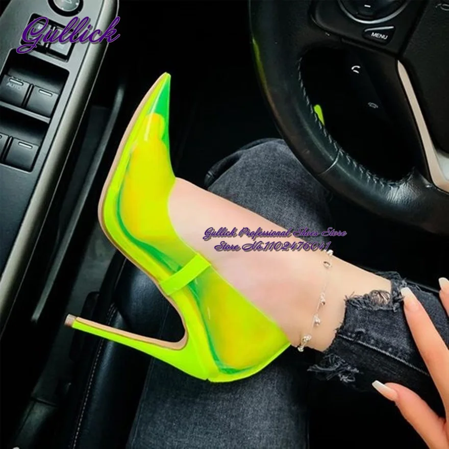 Gullick Neon Yellow Clear PVC High Heel Shoes Pointed Toe Shallow Cut Slip-On Dress Pumps Red Blue Transparet Wedding Heels