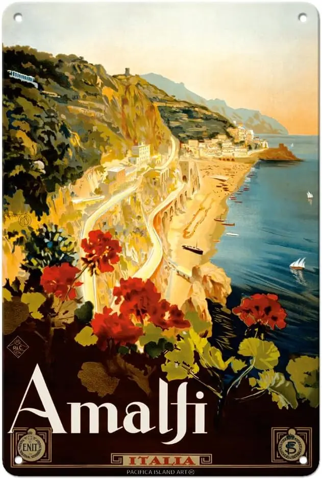 Pacifica Island Art Amalfi Italia - Campania Italy - Vintage Travel Poster by Borgoni c.1925-8 x 12 inch Vintage Metal Tin