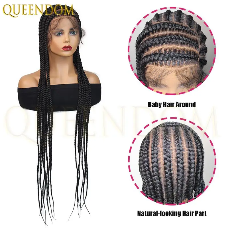 Wig sintetis kepang kotak cornrow ringan 36 inci, wig rambut penuh dengan lace frontal tanpa simpul untuk wanita kulit hitam, cocok untuk kembali ke sekolah