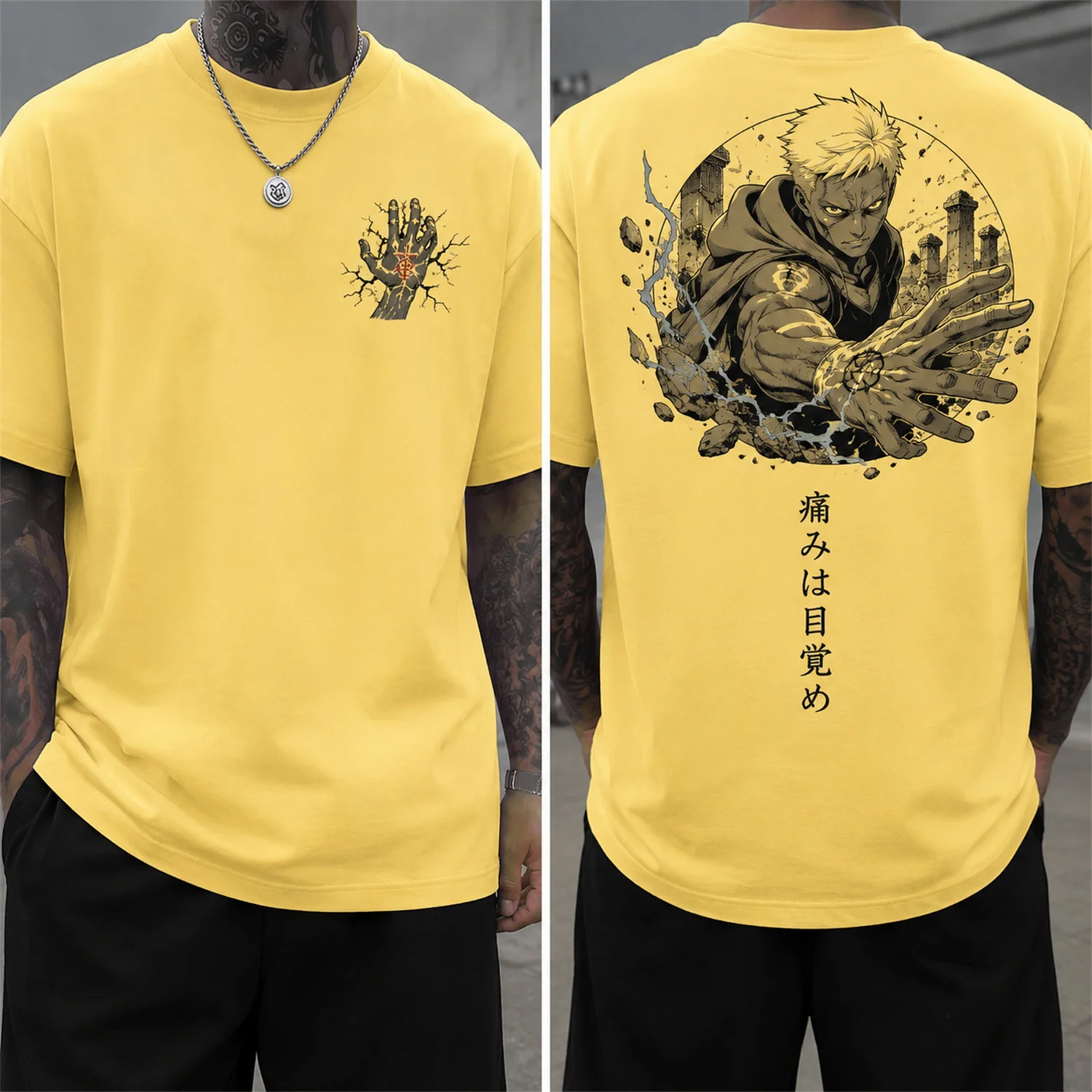 Herren Fullmetal Alchemist Baumwoll-T-Shirt Flamel Symbol Anime Grafik-T-Shirt Kurzarm Gothic Y2K Streetwear Top – Detail 6