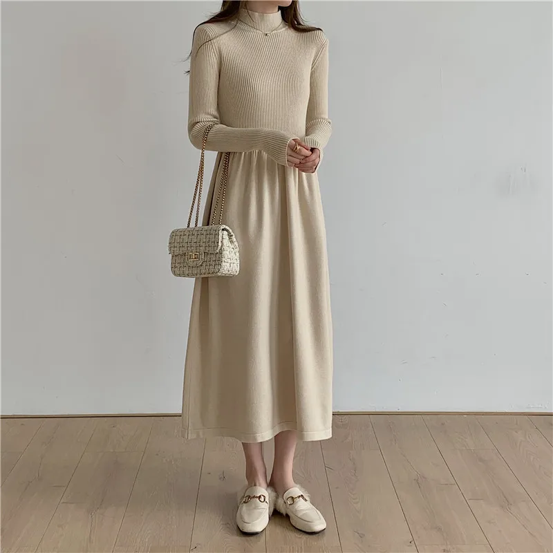 Knitted Sweater Dresses for Women Party Clothing Half Turtleneck Autumn Winter 2022 Midi Dress A-Line Vintage Casual Loose Warm