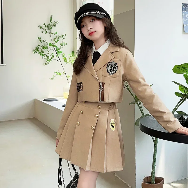 autumn teen girls Academic style JK set short jeaket+Pleated skirt 2pcs junior kid girl clothes suit children outfits conjuntos