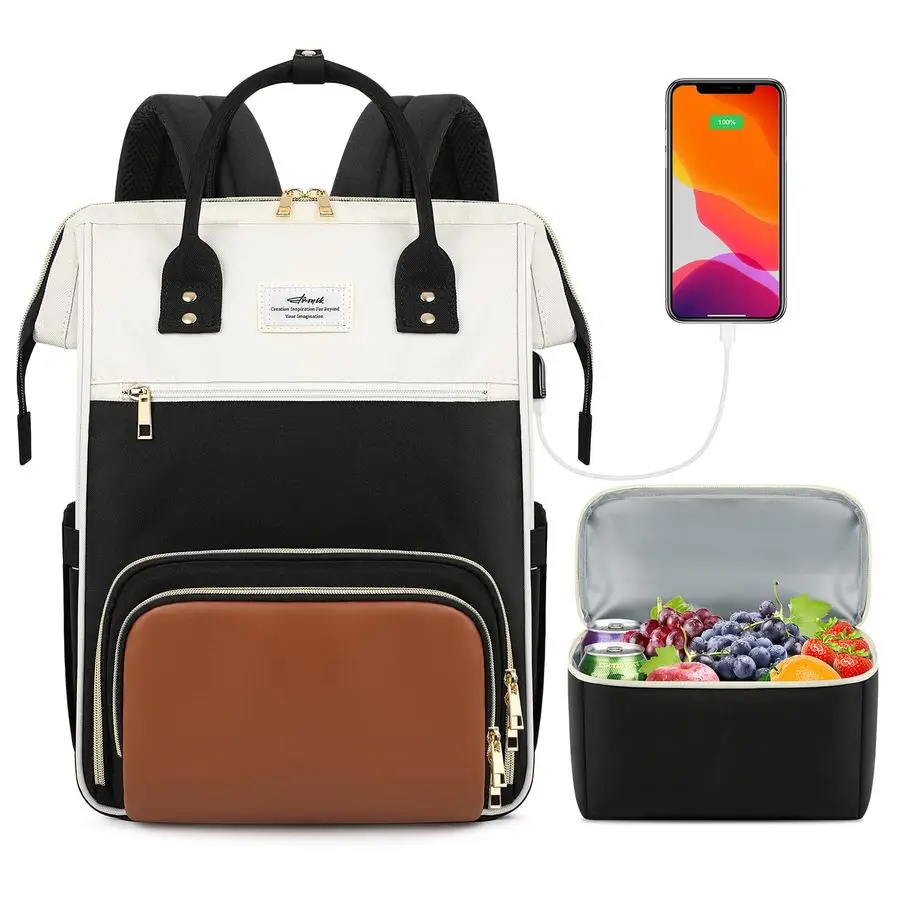 

Lunch Backpack, 17.3 Inch Laptop Backpack with USB Port, Stylish Nurse, Teacher Work Bag with Insulated Cooler Lunch Box for Wom