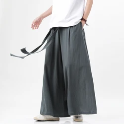 Chinese Style Coton Linen Pants Men Summer Harajuku Streetwear Wide Leg Pants Male Loose Elastic Waist Casual Trousers