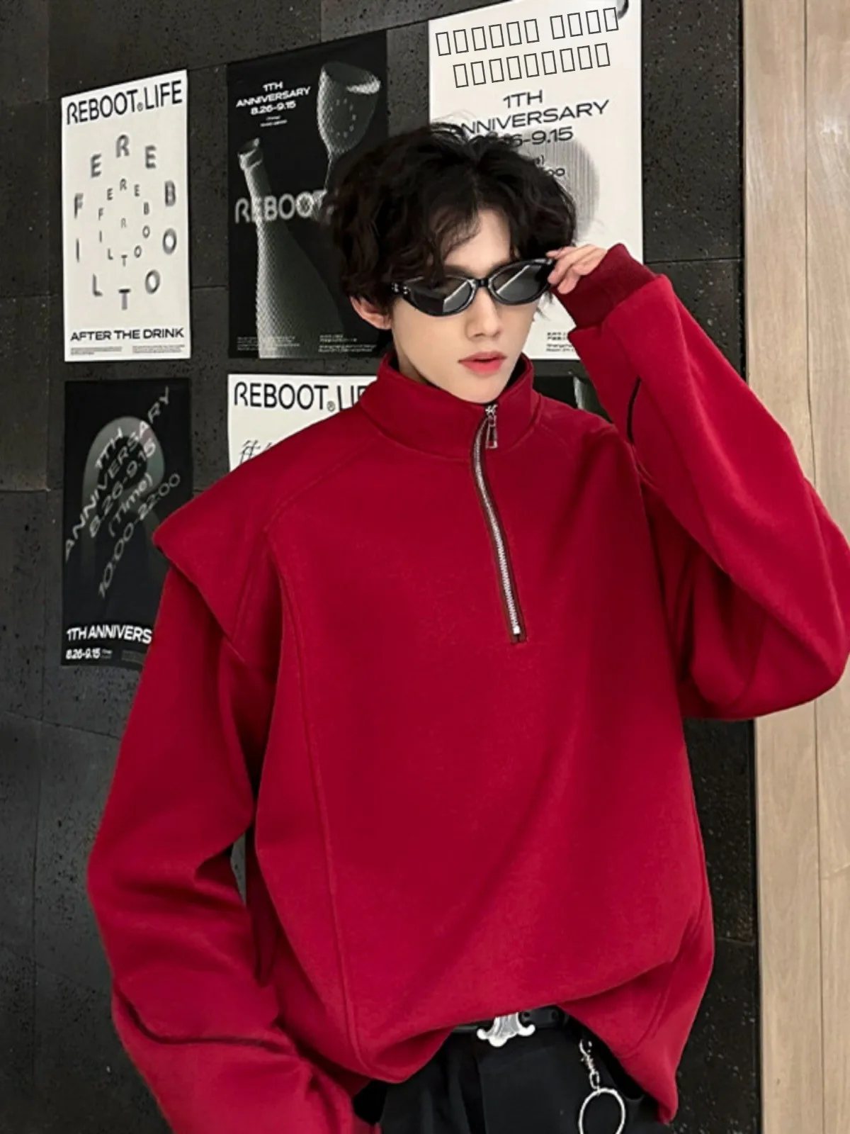 

Red f Zipper Hoodie Men's Casual Stand Collar Padded oulder Jaet Autumn Winter American Sle Youth Faion Inner Wear