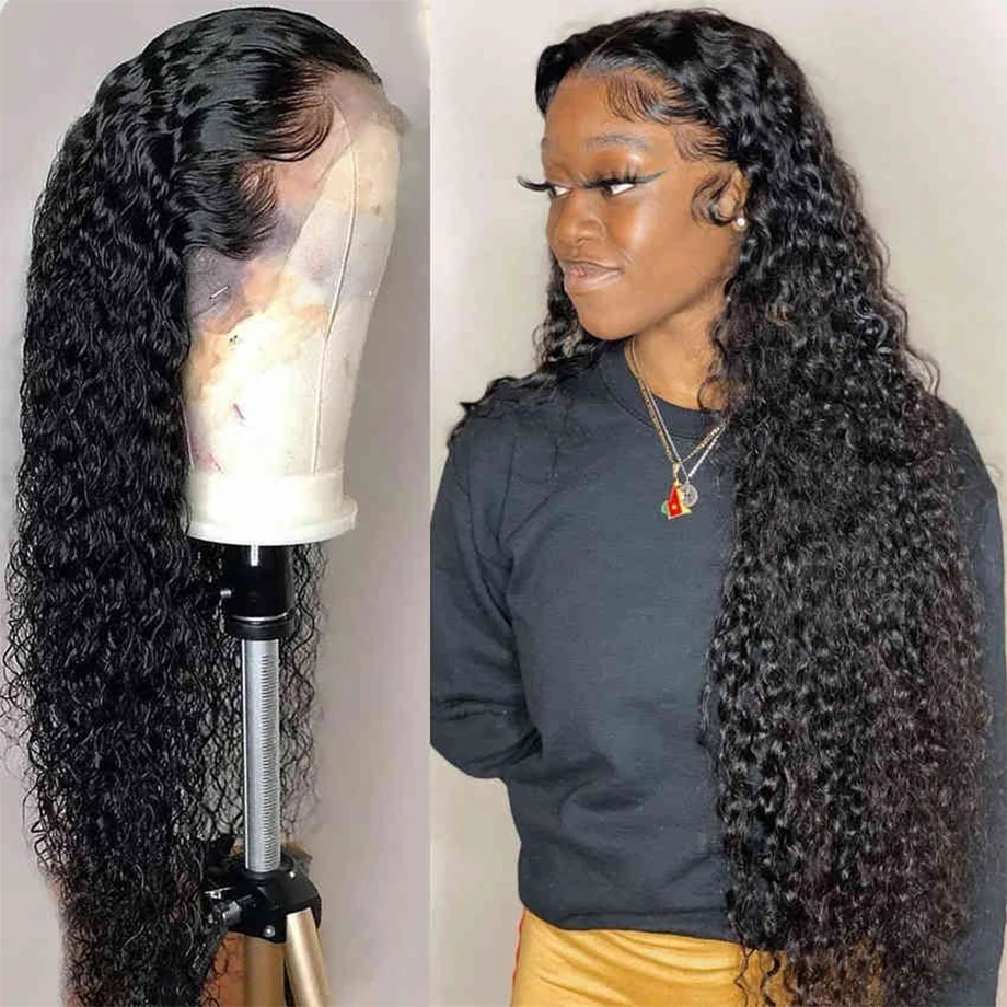 Deep Wave Frontal Wig 13x4 Transparent Lace Frontal Wig PrePlucked 28 30 Inch Deep Curly Lace Front Human Hair Wigs For Women