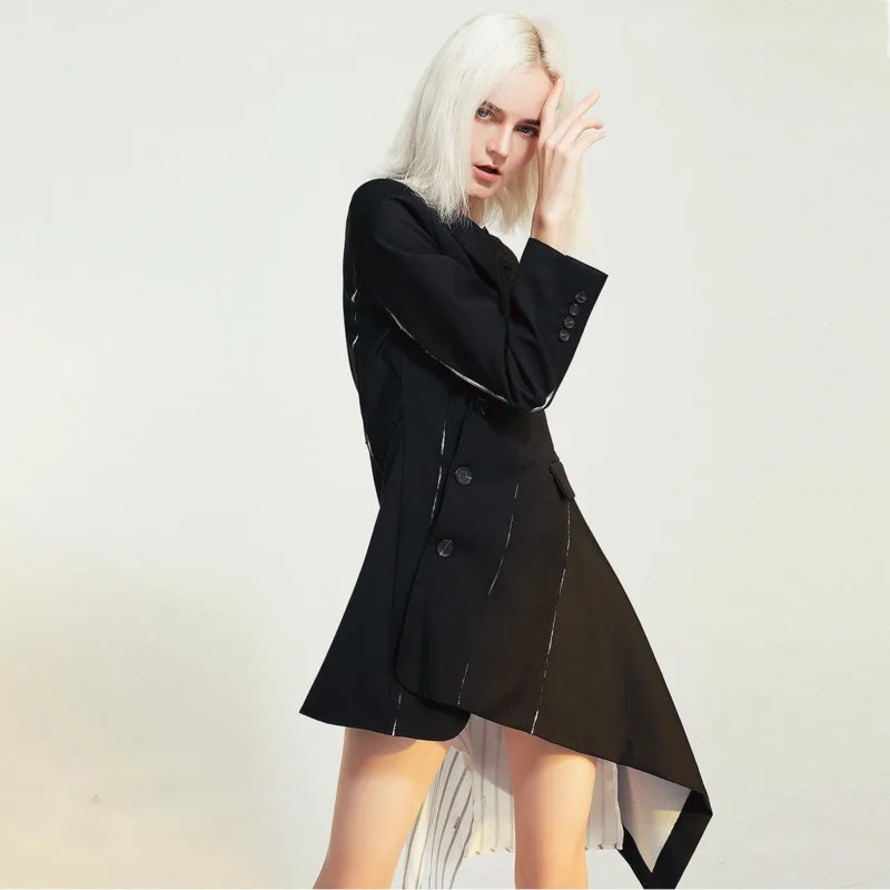 HKSH 2024 Autumn Winter New Women Dark Split Diagonal Buckle Waist Slim Spliced Striped Lining Mid Length Blazer Dress Set H2772