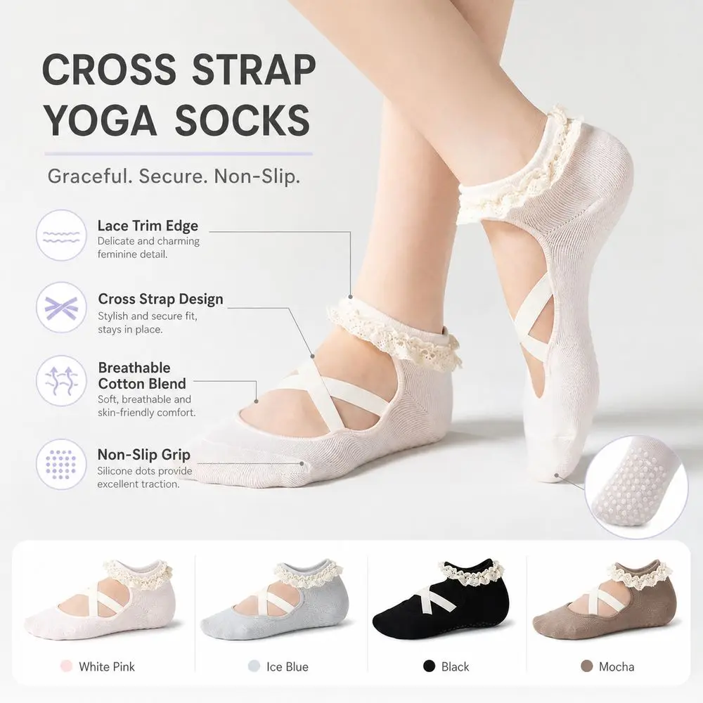 Gifts Non Slip Yoga Socks Cross Strap Breathable Bias-cut ankle socks Lace Trim Elastic Grip Socks Dance Fitness