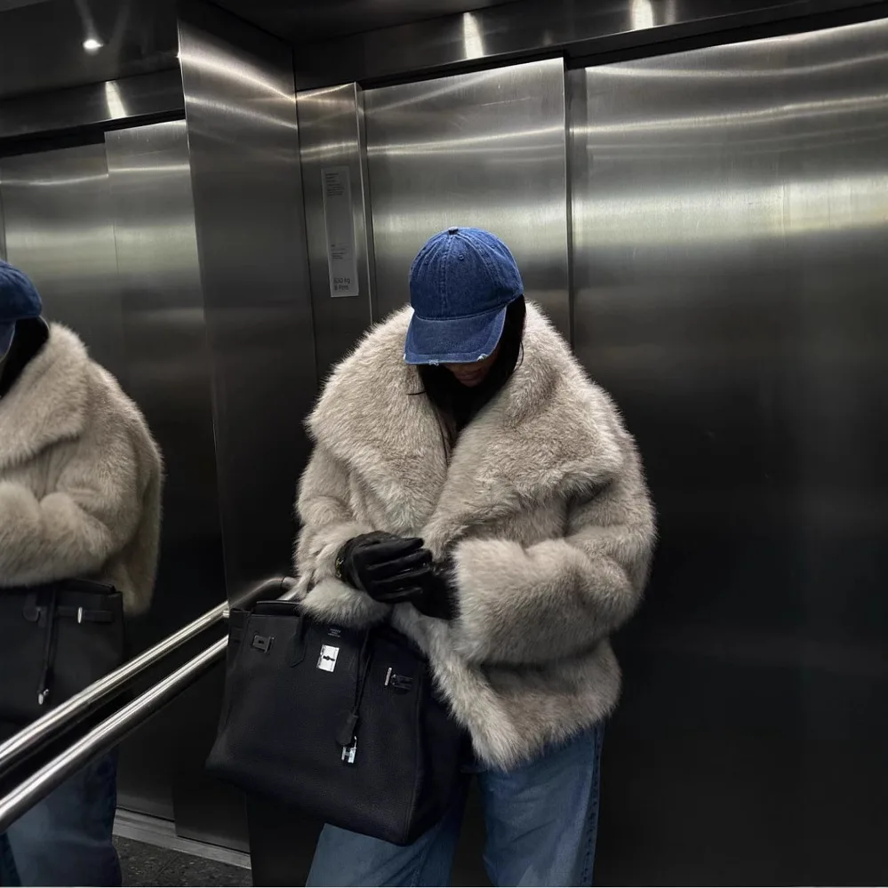 Mulheres casacos de pele do falso grosso quente lapela casual peludo jaquetas cardigan splice manga longa senhora streetwear outono inverno 2025