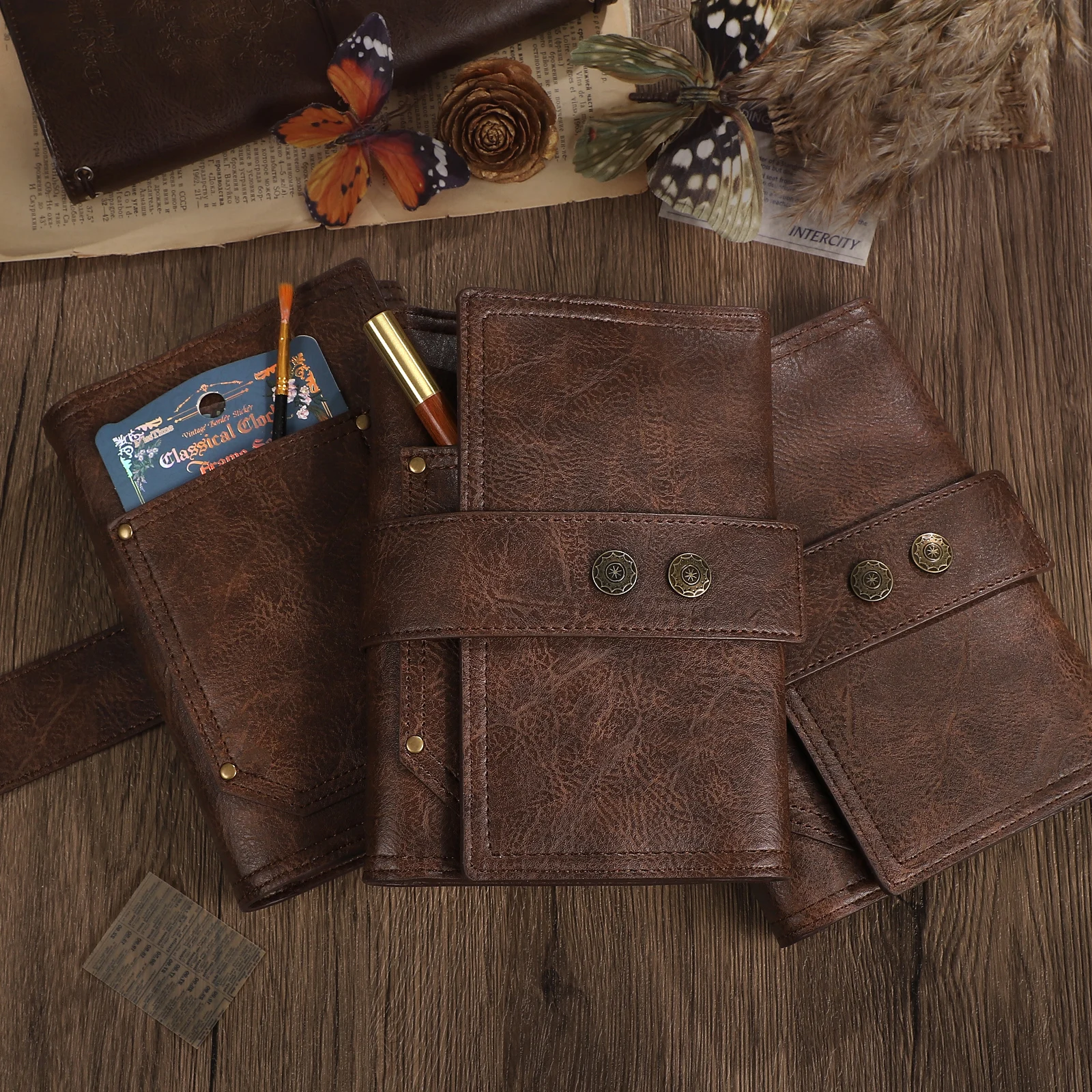 A6 Vintage PU Leather Cover Double-buckle Loose-leaf Notebook Creative DIY Journal Material Collage Student Supplies Stationery