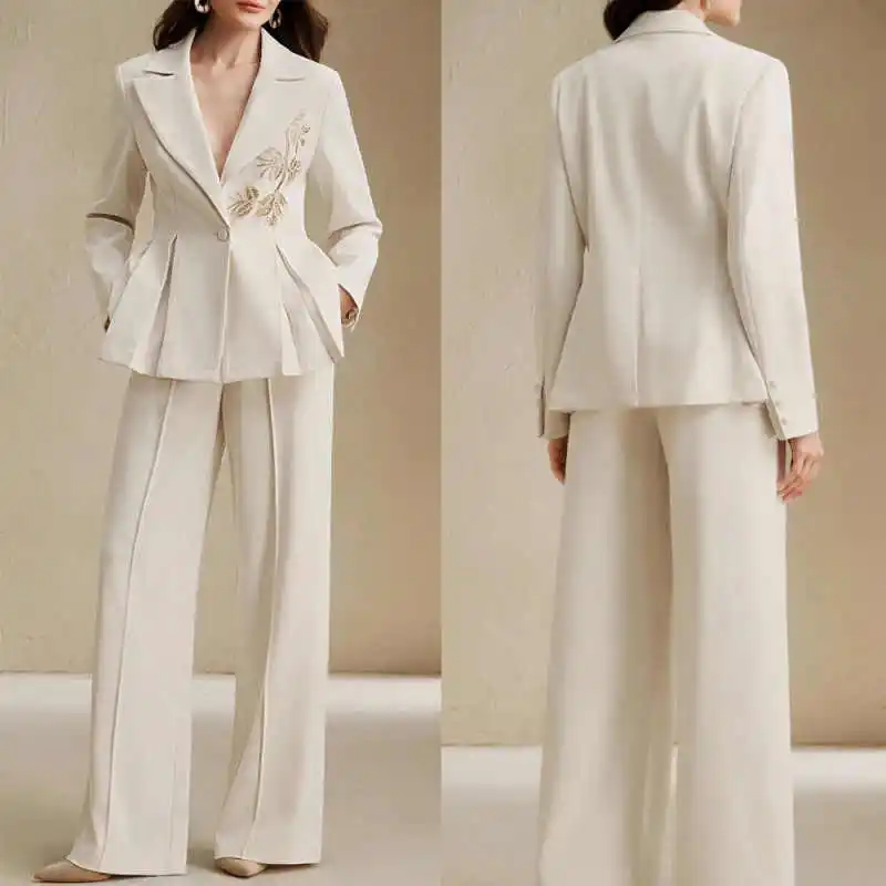 

Elegant Beading Suits For Women One Button Peaked Lapel Office Ladies Work Pant Blazers Customized 2 Pieces Outfits