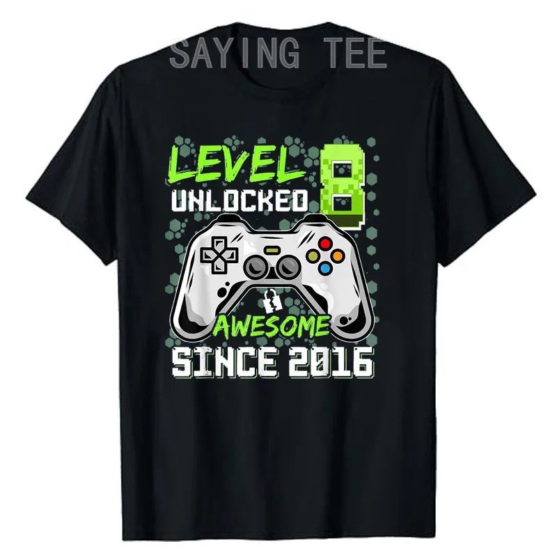 Gamer Tee Shirts Level 8 Unlocked Awesome Since 2016 8th Birthday Gaming T-Shirt Gift Video Game Lover Graphic Outfit Life Style